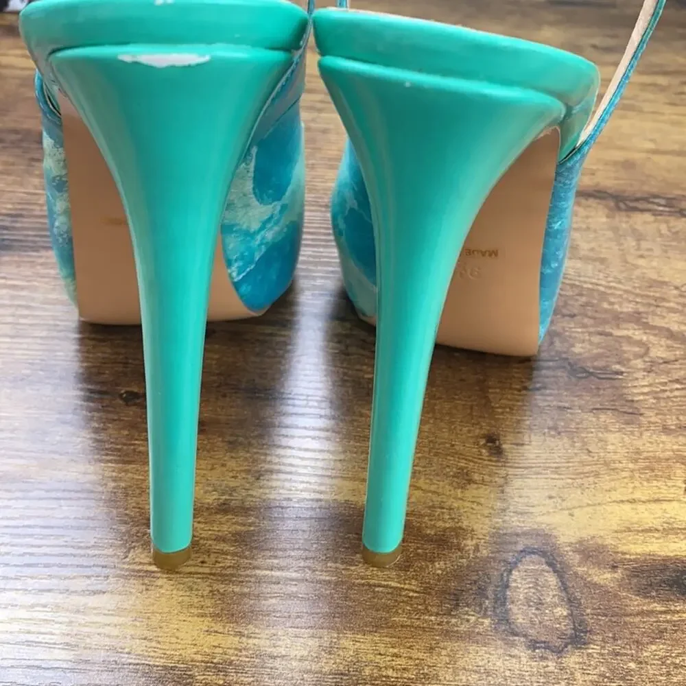 FSJ Blue & Green Abstract Paint Design Platform Slingback 5.5” + Heel - Picture 8 of 12